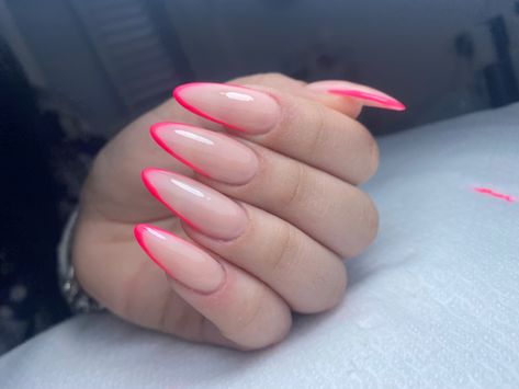 Neon Pink French Nails, French Neon Nails, Neon Pink French Tips, Neon Pink French Tip Nails, Neon French Tip Nails, Neon French Nails, Fluorescent Nails, Pink French Nails, Cute Acrylic Nail Designs