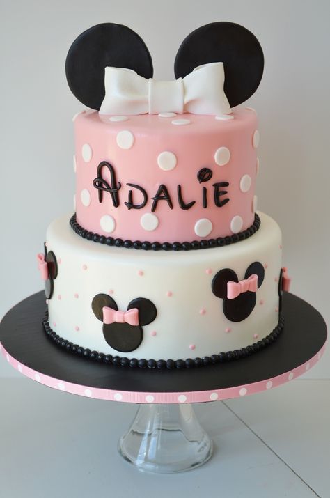 Minnie Mouse Two Tier Cake, Minnie Mouse Cake 2 Tier, Minnie Mouse Cake Two Tier, Pink And Red Minnie Mouse Party, Minnie Mouse Tier Cake, Minnie Mouse Birthday Cakes 1st, Minnie Mouse Cake Design Pink, Minnie Mouse Birthday Cakes 2nd, Minnie Mouse Second Birthday Cake