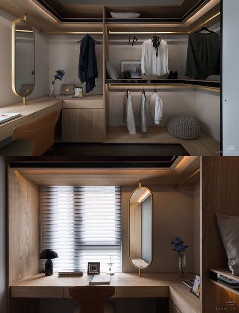 Wardrobe Closet With Vanity, Hotel Walk In Closet, Dressing Area Design, Modern Bookcase Design, Walk In Closet Design, Wake Up In The Morning, Hotel Room Design, Shelving Design, Bedroom Closet Design