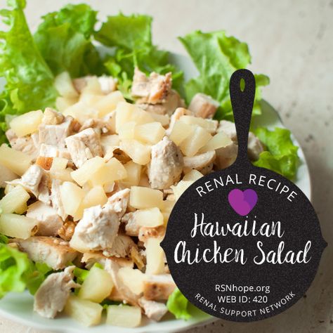 Fill up and chill out with a blend of sweet and tangy in this flavorful salad. Makes 4 servings Serving Size: 3/4 cup Ingredients 1/2 Cup Diced Celery 1-1/4 Cups Shredded Head of Lettuce 1-1/2 Cups Chopped Cooked Chicken 1 Cup Drained Unsweetened Pineapple Chunks 1/2 tsp. Sugar 2 tsp. Lemon Juice 1/2 Cup Mayonnaise Dash Tabasco … Renal Friendly Recipes, Hawaiian Chicken Salad, Renal Recipes, Ckd Recipes, Kidney Healthy Foods, Kidney Diet Recipes, Kidney Friendly Recipes Renal Diet, Low Potassium Recipes, Low Potassium Diet