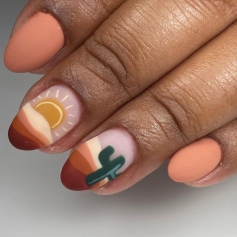 Desert Nails, Western Nail Art, Country Acrylic Nails, Cowboy Nails, Sunset Nails, Western Nails, Hard Gel Nails, Country Nails, Builder Gel Nails