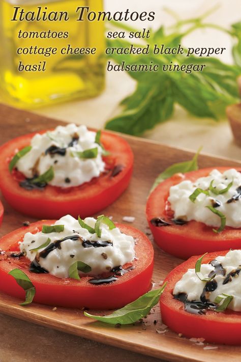 Italian Tomatoes with Basil - a delicious summer treat! Slice tomatoes, top with Daisy Cottage Cheese, add a few strips of basil, a drizzle of balsamic vinegar, and a sprinkle of sea salt and cracked black pepper. Italian Tomatoes, Daisy Brand, Caprese Recipes, Cottage Cheese Recipes, Herb Cheese, Egg Salad Recipe, Tomato And Cheese, Happy Foods, Vegetable Side Dishes