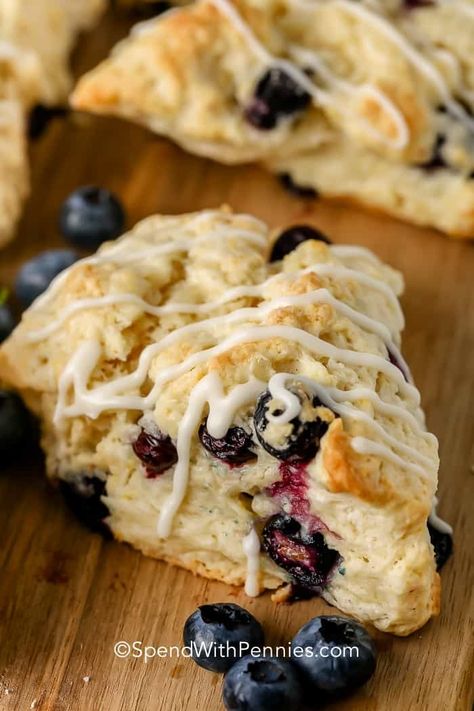 This Blueberry Scones recipe is full of fresh blueberries and has a delicious glaze. Set out a plate of these homemade scones with coffee or tea for an afternoon snack. #spendwithpennies #blueberryscones #recipe #scones #breakfast #dessert Rustic Breakfast, Lemon Blueberry Scones, Homemade Icing, Homemade Blueberry Pie, Berry Scones, Blueberry Scones Recipe, Scones Recipe Easy, Blueberry Season, Homemade Scones