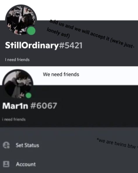 Here is our discord // we are 14\\ StillOrdinary is me and Mar1n is my brother Discord Gc Names, Matching Status Discord Friends, Discord About Me Ideas, Discord Names, Girlfriend Application, I Need Friends, Affirmation Of The Day, Need Friends, My Brother