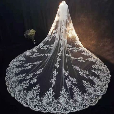 none Long Bridal Veil, Embellished Veil, White Ivory Wedding, Ivory Wedding Veils, Cathedral Wedding Veil, Lace Veils Bridal, Veil Crystal, Cathedral Bridal Veils, Veil Length