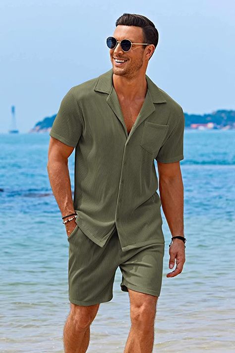 COOFANDY Men's 2 Pieces Shirt Sets Short Sleeve Casual Button Down Hippie T-Shirts Shorts Sets Summer Fashion Beach Outfits Mens Vacation Outfits Beach, Fashion Beach Outfits, Mens Beach Outfits, Dinner Outfit Men, Mens Vacation Outfits, Mens Resort Wear, Hawaii Outfit, Resort Wear Men, Vacation Outfits Men