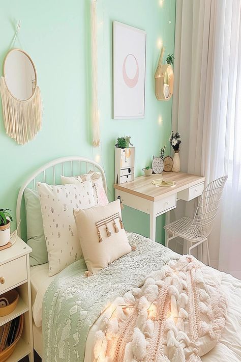 A playful mint green teen bedroom with patterned bedding, whimsical wall decorations, and a cozy study area. Mint Room Ideas Bedrooms, Mint Green Girls Bedroom, Mint Color Room, Green Bedroom Ideas Sage, Teen Bedroom Green, Mint Green Bedroom Ideas, Bedroom Ideas Sage Green, Bedroom Ideas Sage, Sage Green And Pink Bedroom