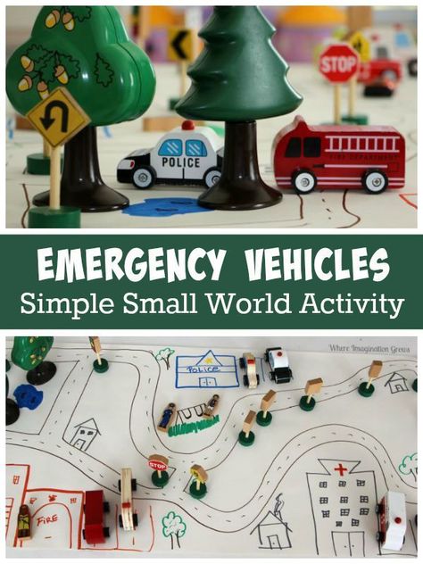 Emergency Vehicles Small World Play! A fun learning activitiy that teached kids about community helpers through pretend play People Who Help Us Activities, Abc Transportation, People Who Help Us Eyfs Activities, People Who Help Us Eyfs, Transportation Activities, Community Helpers Theme, Community Helpers Preschool, People Who Help Us, Transportation Preschool