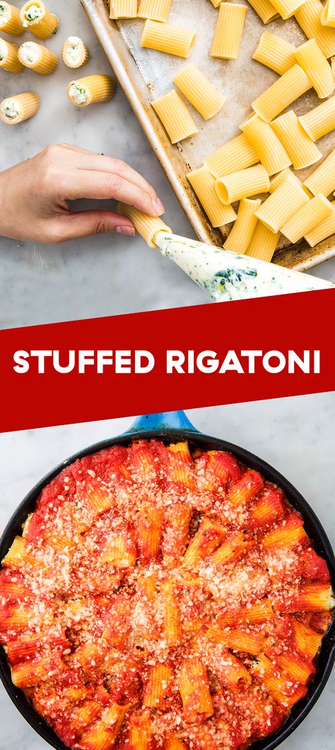 Stuffed rigatoni is way different than ravs or tortellini, and it's worth it...a thousand times over. There's something about the thickness of the pasta, the way the ridges soak up the sauce, and the fact that the lemony ricotta-parm mixture bursts a little with each bite. #delish #pasta #dinner #easy #recipe #rigatoni #stuffed #stuffedrigatoni #ricotta #cheese #poppers #sauces #meat #skillet #oven #baked Rigatoni Noodle Recipes, Rigatoni With Ricotta Cheese, Stuffed Rigatoni Recipes, Cheese Stuffed Rigatoni, Rigatoni Pie With Ricotta, Stuffed Rigatoni Recipes Baked, Baked Rigatoni With Ricotta, Stuffed Rigatoni, Homemade Appetizers