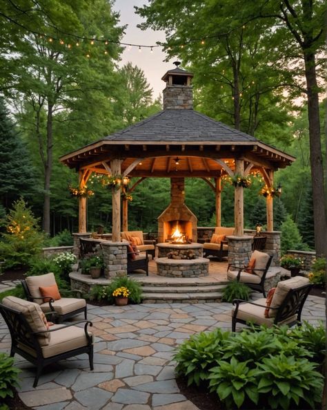 Backyard Gazebo With Fireplace, Gazebo Near Pool, Backyard Landscaping Gazebo, Craftsman Style Gazebo, Concrete Gazebo Ideas Backyard, Gazebo With Fireplace Ideas, Massive Garden Ideas, Backyard Pagoda Patio Ideas, Custom Gazebo Ideas