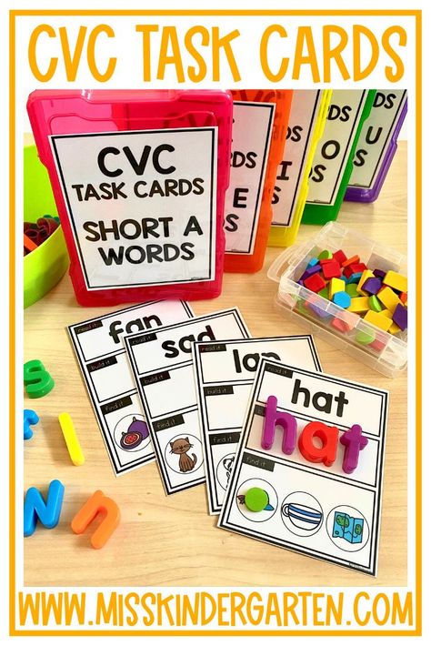 Invite your kindergarten students to use these CVC words task cards in their literacy centers to practice reading and writing words with short vowels. Task cards are easy to download, print, laminate and use in your classroom during morning work or as a fast finisher activity. Students will love the differentiated activity to practice reading and building words. Cvc Word Task Boxes, Cvc Practice Kindergarten, Ela Kindergarten Centers, Cvc Small Group Activities, Sensory Reading Activities, Kindergarten Literacy Centers Rotation, Cvc Centers For Kindergarten, Free Kindergarten Centers, Kindergarten Small Group Activities