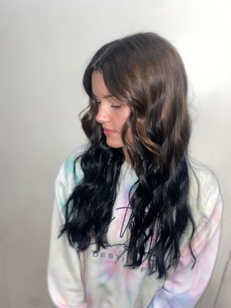 Brown To Black Balayage, Black Ends Hair Dip Dye, Brown Hair Black Ends, Brown Hair With Black Ends, Black Hair Brown Roots, Brown Roots Black Hair, Growing Out Black Hair Dye, Blonde Roots Black Ends, Blonde Hair Black Ends