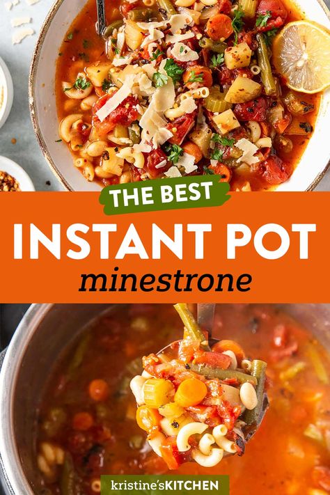 This Instant Pot Minestrone Soup is one of the very best Instant Pot soup recipes. It's full-flavored, easy to make, and healthy! Instant Pot Gf Df Soup Recipes, Instant Pot Minestrone Soup Recipe, Vegan Minestrone Soup Instant Pot, Instapot Soup Vegetarian, Beef Minestrone Soup Instant Pot, Soup Recipes Ninja Foodi, Instagram Pot Soup Recipes, Soup Pressure Cooker Recipes, Instant Pot Minestrone Soup With Beef