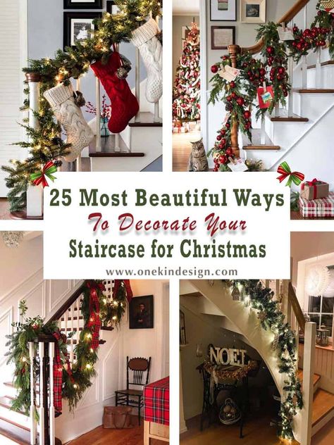 25 Most Beautiful Ways to Decorate Your Staircase for Christmas Christmas Stairway Swag, Christmas Ribbon On Staircase, Staircase Design Christmas, How To Decorate Stair Rail For Christmas, Christmas Wreath On Stairs, Stair Case Christmas Ideas, Stairway Railing Christmas Decorating, Bannister Ideas Christmas, Wreath On Staircase