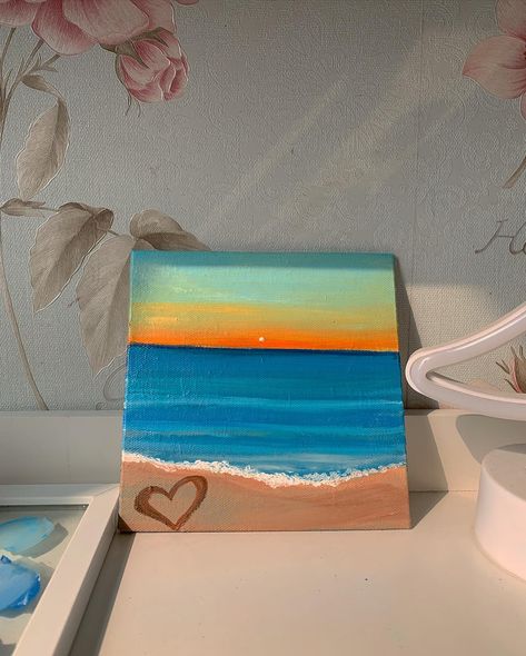 Florida Painting Ideas, Beach Sunset Painting Easy Step By Step, Beach Painting Simple, Ocean Aesthetic Painting, Beach Acrylic Painting Easy, Mini Lienzos Ideas, Beachy Paintings Easy, Beach Painting Easy, Easy Beach Painting