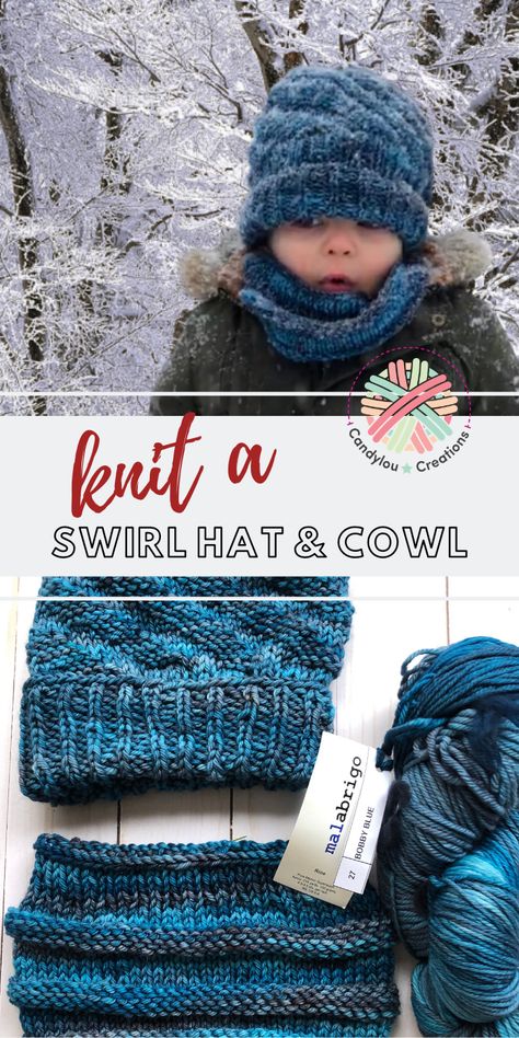 Knit a Swirl Hat and Cowl Set made with gorgeous Malabrigo Rio Yarn from Etsy.  It’s squishy and warm and because of the ribbing of the brim, it will stay on.The hat has a 5″ brim that folds up for extra warmth.  The swirls are made with knits and purls.The cowl is snug for a toddler, keeping him warm without tying a scarf around his neck.  Parents will definitely appreciate that! #candyloucreations #swirlhat #knithat #toddlerhat Toddler Cowl, Tying A Scarf, Swirl Hat, Childrens Scarf, Knit Cowl Pattern Free, Beanie Knitting Patterns Free, Knitted Cowl Scarves, Kids Knitting Patterns, Knitted Hats Kids