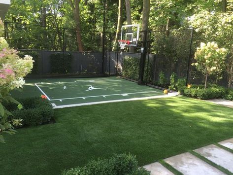 Small Courts - Sport Court Ontario Home Sports Court Outdoor, Small Sport Court Backyard Ideas, Turf Basketball Court, Half Basketball Court Backyard Size, Grass Basketball Court, Residential Basketball Court, Diy Sport Court, Half Court Basketball Backyard, Sport Court Backyard Ideas