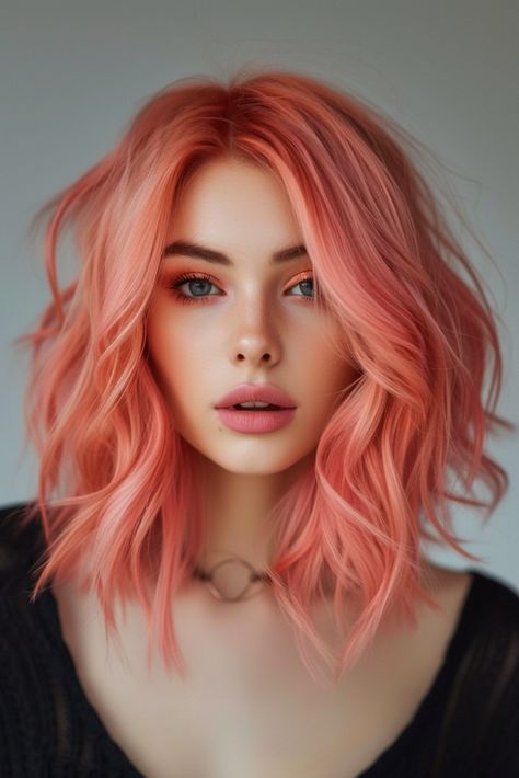 Pink Hair Red Lipstick, Types Of Pink Hair Color, Coral Colored Hair, Fairy With Pink Hair, Professional Pink Hair, Soft Hair Color Ideas, Strawberry Blonde Hair Color Rose Gold, Hair Color For Pink Skin Tone, Summer Hair Color 2024 Trend