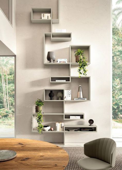 vertical wall-mounted bookcase | LagoLinea Bookshelf | LAGO Vertical Bookshelf, Unique Bookcase, Modular Bookcase, Store Shelves Design, Narrow House Designs, Living Room Wall Designs, Architectural Ideas, Wall Mounted Bookshelves, Modern Wall Shelf