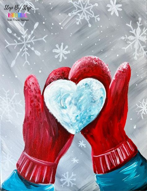 "Mittens Love" - Acrylic Painting Tutorial#Tracie_Kiernan #Eco_Project #Snowflakes_Drawing #Christmas_Paintings_On_Canvas Tracie Kiernan, Eco Project, Christmas Canvas Art, Christmas Paintings On Canvas, Family Fun Night, Family Painting, Winter Family, Holiday Painting, Winter Painting