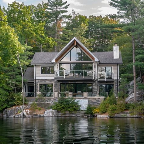 Image Lake House Layout, Modern Lake House Exterior, Lakehouse Aesthetic, House Near Lake, Lakefront Cabin, Lake Front House Plans, Renovation Exterior, Houses Exterior, Lake Houses Exterior