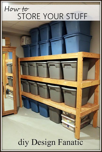 Build shelves in garage for seasonal totes - much easier to access than stacked totes. Basement Organization, Koti Diy, Diy Storage Shelves, Garage Organize, Basement Storage, Basement Makeover, Garage House, Diy Garage, Garage Organization