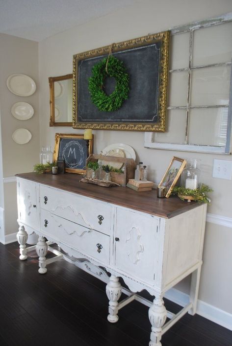 Antique buffet in a farmhouse dining room Farmhouse Dining Room Buffet, Dining Room Buffet Decor, Buffet Furniture, Farmhouse Buffet, Dining Buffet, Antique Buffet, Buffet Decor, Dining Room Sideboard, Dining Room Remodel