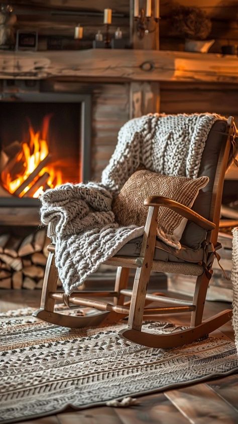 Cozy winter cabin interior with rocking chair by fireplace, knitted throw, wooden floors, and rustic ambiance. A perfect retreat for chilly evenings. Hanging Curtains Without Rods, Mountain Home Bedroom, Curtains Without Rods, Log Walls, How To Hang Curtains, Cozy Winter Cabin, Hang Curtains, Wooden Rocking Chairs, Winter Cabin