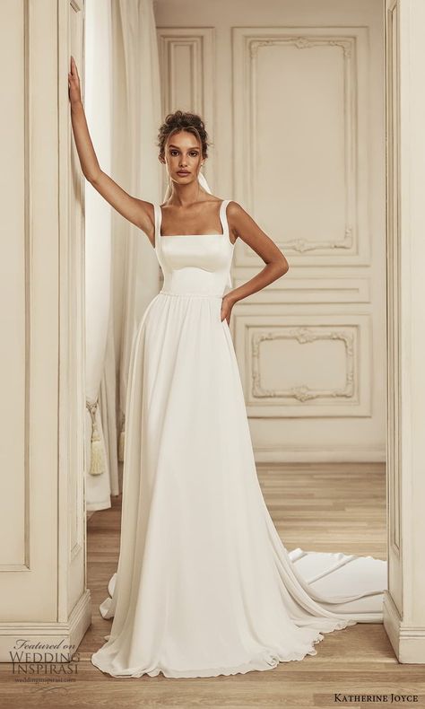 Simple Designer Wedding Dress, Aline Minimalist Wedding Dress, Thick Waistband Wedding Dress, Folded Neckline Wedding Dress, Wedding Dresses Tulle Sleeves, Wedding Dresses Fuller Bust, Classic Bridal Gown, Wedding Dresses Without Lace, Classic Boho Wedding Dress