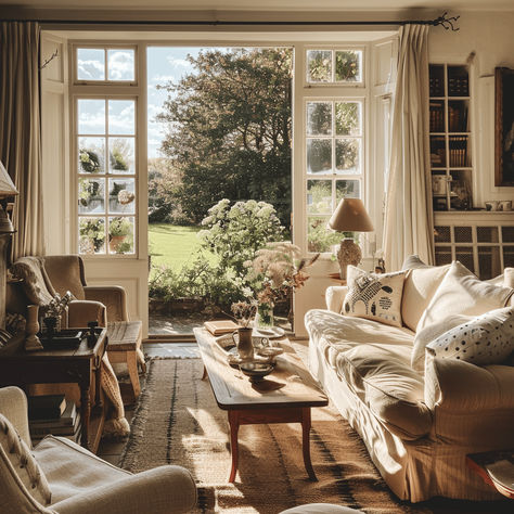 Plain English Living Room, Romantic Cottage Interior, British Country House Decor, English Modern Cottage Interiors, Country Aesthetic Living Room, Small House Countryside, Cotswolds Living Room, European Cottage Interiors Living Room, Old English House Interior Cottage Style