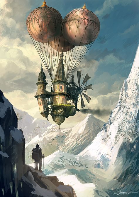 Steampunk Artwork, Steampunk Airship, Steampunk Tendencies, Art Steampunk, Diesel Punk, Steampunk Decor, Fantasy Places, Art Et Illustration, Hot Air Balloons