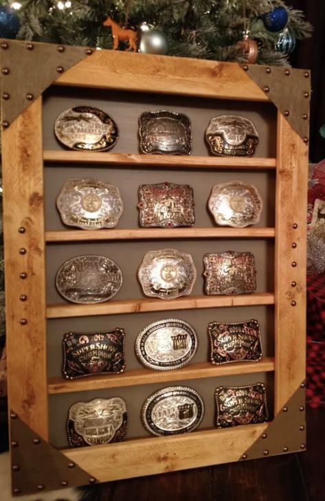 Buckle Display Case, Belt Buckle Display, Buckle Display, Buckle Holder, Western Bedroom Decor, Western Rooms, Diy Belts, Western Bedroom, Diy Shadow Box