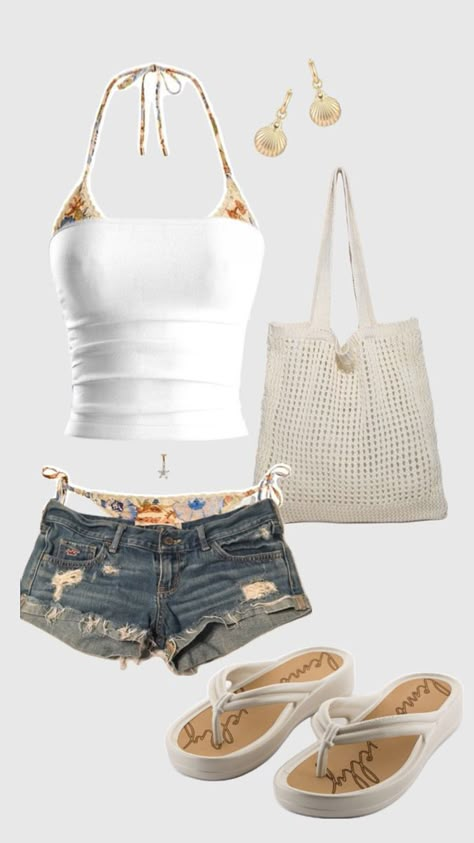 #outfit #inspo #summer #fun #bikini #inspiration #sun College Spring Break Outfits Bikinis, Summer Fits Jean Shorts, Summer Outfits With Bikinis, Summer Dance Outfits, Bathing Suit Top Outfit, 2000s Beach Outfits, Beach Outfit Jeans, Swimsuit Inspo Summer, Hot Vacation Outfits