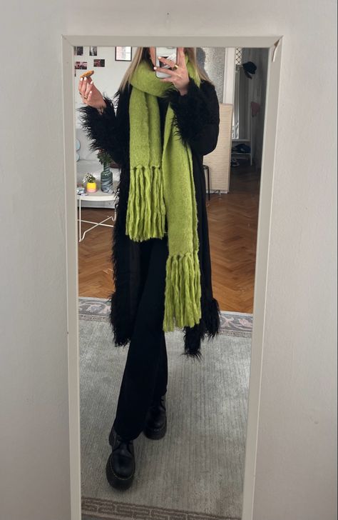 Green scarf and black long jacket: Docs Martens Outfit Docs Martens, Black Long Jacket, Martens Outfit, Spring Fits, Green Spring, Green Scarf, Vintage Stuff, Long Jacket, Stylish Outfits