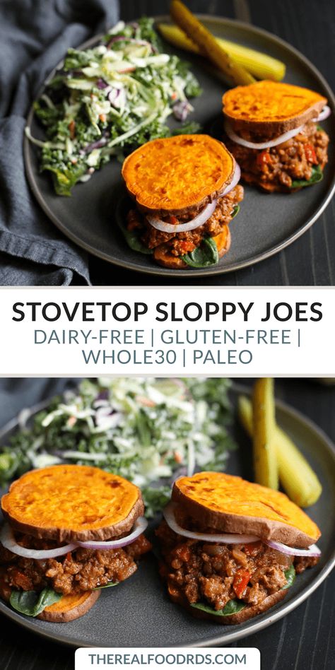 Stovetop Sloppy Joes | dairy-free sloppy joes | gluten-free dinner | whole30 sloppy joes | paleo dinner recipe | easy dinner recipe | kid-friendly healthy dinner || The Real Food Dietitians #whole30dinner #healthysloppyjoes #whole30 Healthy Sloppy Joes, Easy Paleo Dinner Recipes, Real Food Dietitians, Diner Recept, Easy Dinner Recipe, Sloppy Joe, 300 Calories, Gluten Free Dinner, Paleo Dinner