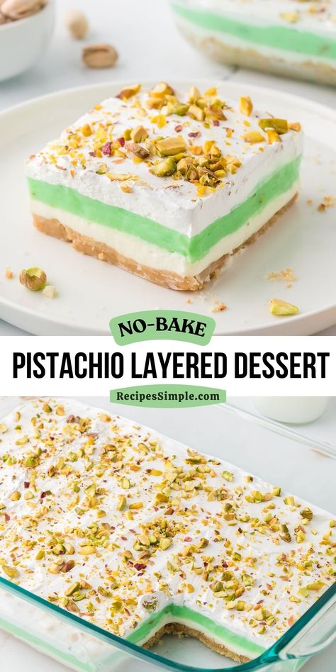 This delicious no bake Pistachio Layered Dessert is made with a buttery pecan cookie crust, creamy cream cheese layer, and rich pistachio pudding. Easy no-bake dessert for any occasion! Pistachio Pie With Cream Cheese, Pistachio Pudding Dessert Cups, Pistachio Lush Dessert Recipes, Pistachio Oreo Dessert, Pistachio Pudding Cream Cheese Dessert, Pistachio Squares Recipe, Pistachio Delight Dessert, Layered Pistachio Dessert, Pistachio Ice Cream Dessert