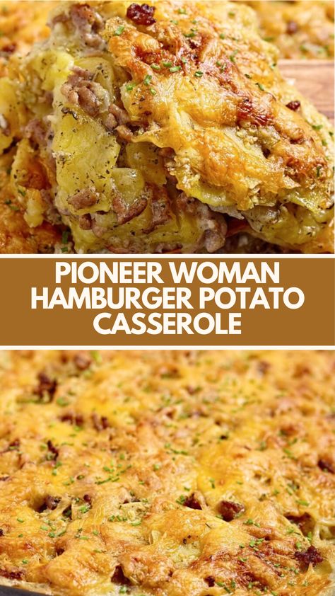 Pioneer Woman’s Hamburger Potato Casserole Recipe is made with ground beef, condensed cream of mushroom soup, milk, onions, salt, pepper, and thinly sliced potatoes, baked for 1 hour and 20 minutes to perfection with melted Cheddar cheese. Pioneer Woman Hamburger Casserole, Pioneer Woman Hamburger Recipes, Ground Beef And Sliced Potato Recipes, Ground Beef Mushroom Casserole, Ground Beef And Potato Bake, Hamburger And Cream Cheese Recipes, Pioneer Woman Ground Beef Recipes, Potatoes And Ground Beef Casserole, Hamburger Potato Casserole Recipes