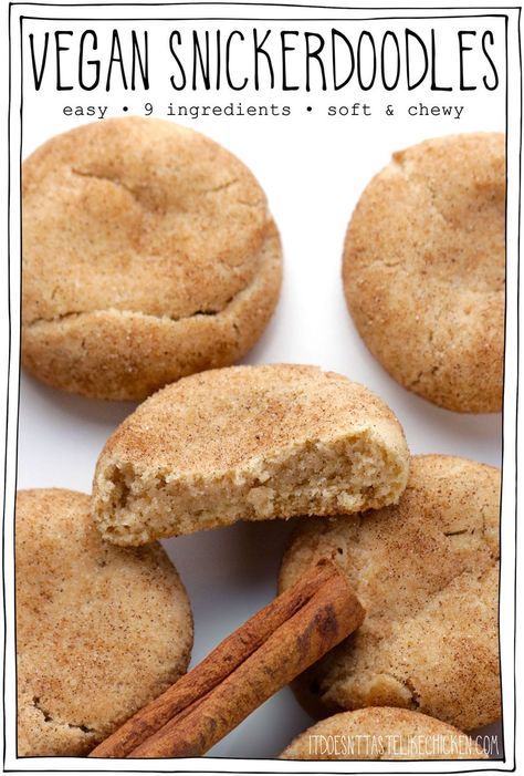 Easy Vegan Snickerdoodle Cookies—soft, pillowy clouds of cinnamon-sugar perfection. With just 9 simple ingredients, these snickerdoodles are a breeze to whip up and taste even better than the classic version. These cookies can also be made ahead and freeze well too, perfect for your holiday baking! #itdoesnttastelikechicken #veganbaking Easy Vegan Oatmeal Cookies, Vegan Cinnamon Cookies, Vegan Pecan Pie Cookies, Easy Vegan Christmas Cookies, Christmas Baking Vegan, Vegan Cookies Recipes Easy, Vegan Treats Easy, Christmas Desserts Vegan, Vegan Snickerdoodle Cookies