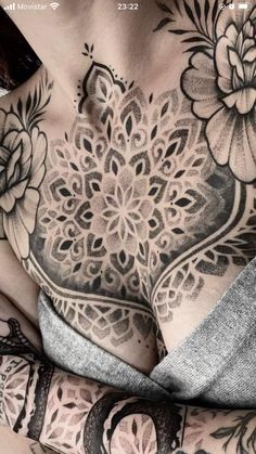 Mandala Tattoo Neck, Mandala Chest Tattoo, Flower Neck Tattoo, Mandala Tattoos For Women, Shen Long Tattoo, Mandela Tattoo, Geometric Chest, Phoenix Tattoo Feminine, Evil Eye Tattoo