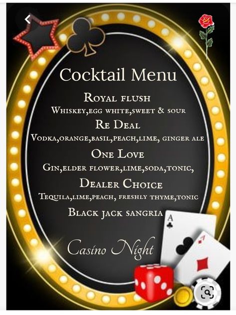 Poker Night Drinks, Casino Office Party, Black And Gold Casino Theme Party, Casino Drinks Cocktails, Spades Party Ideas, Casino Night Drinks, Casino Themed Drinks Cocktails, Casino Themed Food, Diy Casino Games