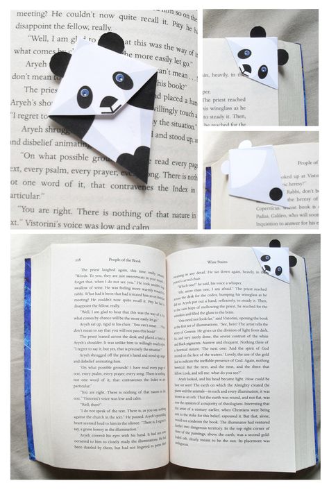 Marca páginas de esquina, panda   -   Panda corner bookmark Penanda Buku, Tutorial Origami, Origami Bookmark, Folding Origami, Corner Bookmarks, Diy Bookmarks, Panda Love, Book Markers, Diy Origami