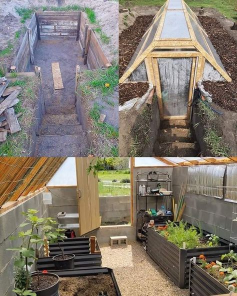 Walipini Greenhouse, Underground Greenhouse, Greenhouse Construction, Outdoor Greenhouse, Build A Greenhouse, Homestead Life, Root Cellar, Homestead Ideas, Greenhouse Ideas