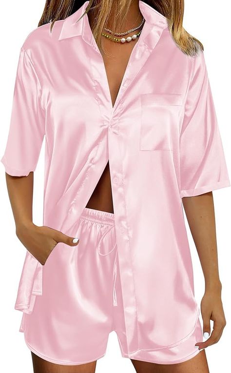 This has been provided as part of an incentive program. Silk Outfits, Pink Pjs, Pajamas Summer, Satin Suit, Shirts And Shorts, Summer Lounge, Silk Satin Fabric, Short Loungewear, Summer Pajamas