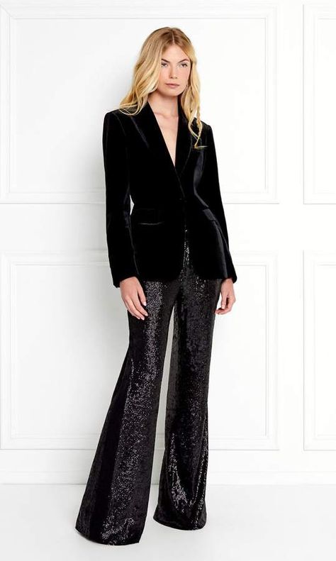 Eliza Velvet Blazer - Women's Fashion - Ad Blue Dress Pants Women Work Outfits, Black Sequin Pants Outfit, Sequin Blazer Outfit, Sequins Pants Outfit, Velvet Blazer Outfit, Black Sequin Pants, Sequin Pant, Tuxedo Women, Cocktail Outfit