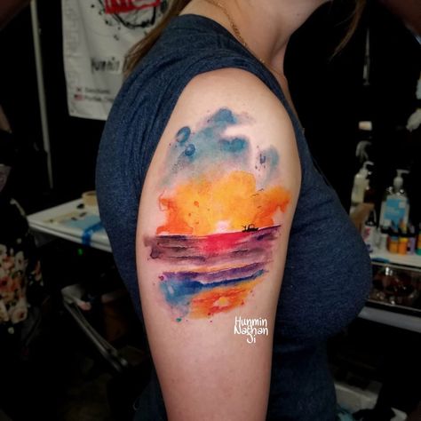 Soft painterly sunset with a fishing boat with a man, done at @star_of_texas . . . #tattoo #tattoos #artist #bodyart #watercolortattoo… Watercolor Sunset Tattoo, Sunrise Tattoo Color, Texas Tattoo, Sunrise Tattoo, Lake Tattoo, Sunset Tattoo, Boat Tattoo, Sunset Tattoos, Painting Tattoo