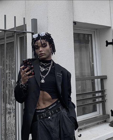 Afro Goth Male, Afro Goth Men, Goth Nonbinary Fashion, Black Goth Men, Male Strip Club Outfit, Nonbinary Fashion Feminine, Male Goth Outfits, Feminine Male Outfits, Feminine Men Aesthetic