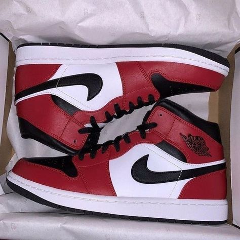 Air Jordan 1 Mid Red, Jordan 1 Mid Red, Red And White Jordans, Jordan 1 Red, Air Jordan Red, Jordans Sneakers Outfit, Red Jordans, White Nike Shoes, Black And White Nikes