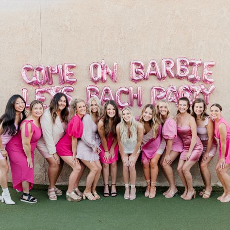 Bachelorette Party Pink Outfits, Barbie Themed Bachelorette Party Outfits, All Pink Bachelorette Party, Bachelorette Party Barbie Theme, Bach Party Outfit Themes, All Pink Bachelorette Outfits, Disco Barbie Bachelorette Party, Bachelorette Pink Theme, Barbie Bachelorette Party Decorations