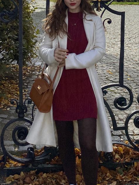 Red Dress White Coat, Burgundy Classy Outfit, Red Coat Outfit Aesthetic, Old Money Valentines Day Outfit, Old Money Red Outfit, White Coat Outfit Classy, White Coat Outfit Winter, Red And White Outfit Classy, Bsd Clothes