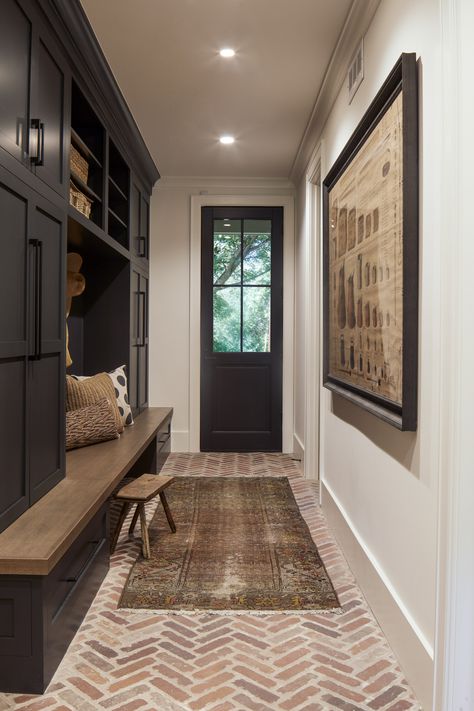 French Country Exterior Homes, French Country Entry, Brick Floors Mudroom, French Country Entryway, Mud Room Laundry Room Combo, Mudroom Storage Ideas, Herringbone Brick Floor, Mudroom Addition, Herringbone Brick